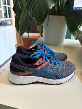 ASICS kids Gray & Blue Running Shoes withe orange Accents